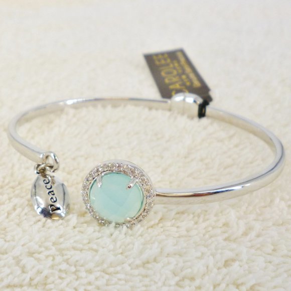 Carolee Bracelet Green Gemstone "Peace" Silver Plate Hinged 2.5" NWT Orig $75 - Picture 3 of 6